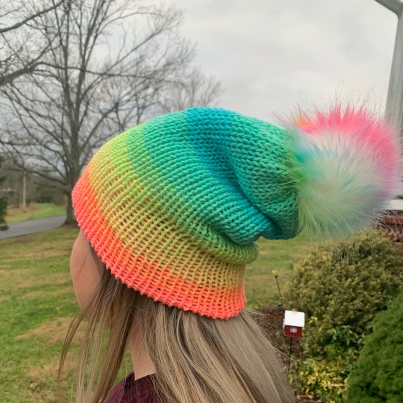 TikTok Rainbow Beanie, Neon, Lisa Frank Inspired - Picture 2 of 2